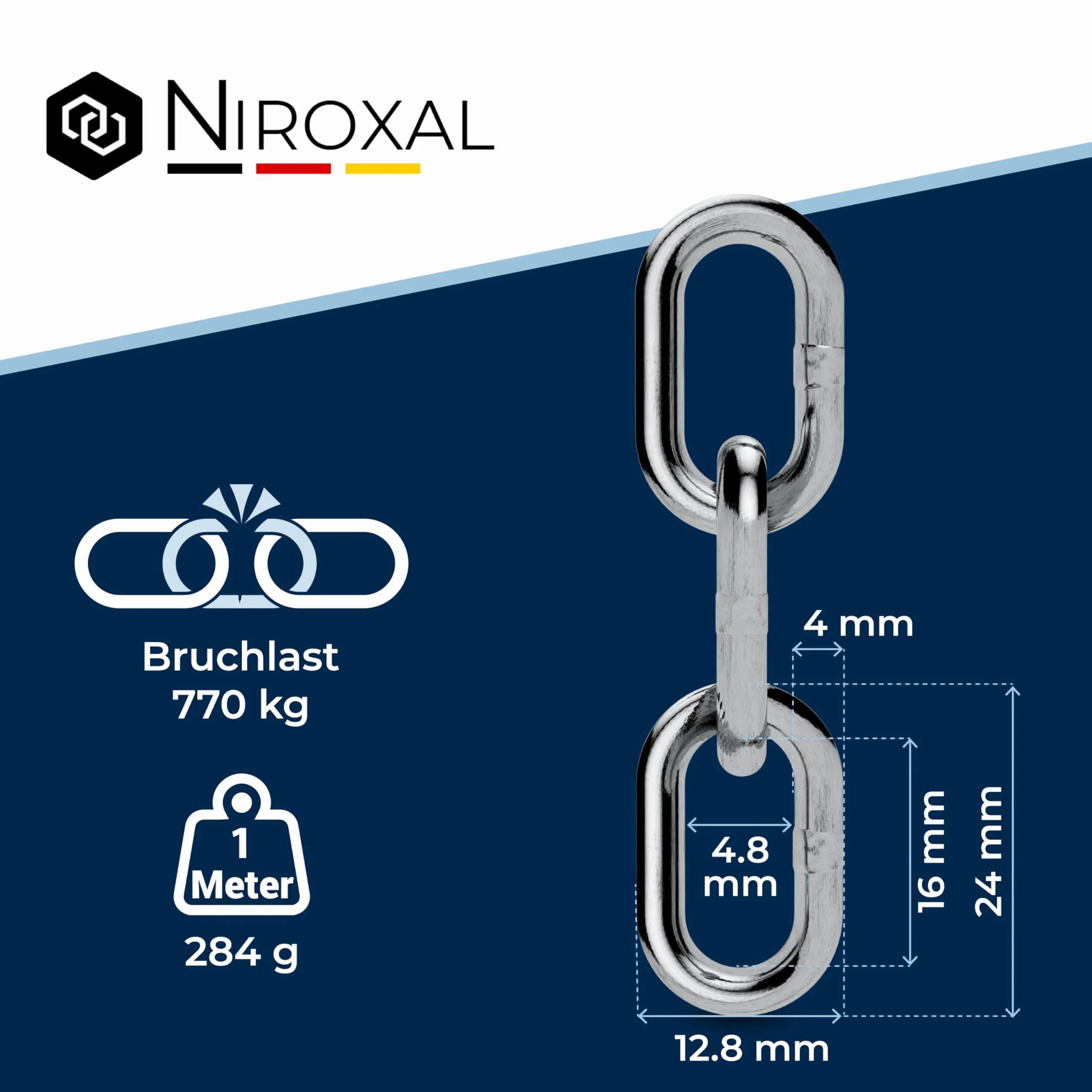 Catena acciaio inox A4 V4A AISI 316 Ø4 mm maglia corta 0,5 m DIN 5685 DIN 766 carico di rottura 800 kg