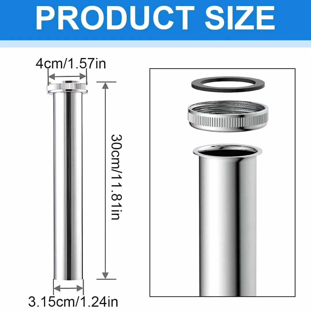 GXGM Tubo Di Prolunga Per Scarico Lungo 300 Mm,Sifone Lavabo Bagno, Scarico Lavandino Bagno, Tubo Di Prolunga Per Scarico Cromato Per Scarico Del Lavabo (Dado, Rondella Di Tenuta In Gomma)