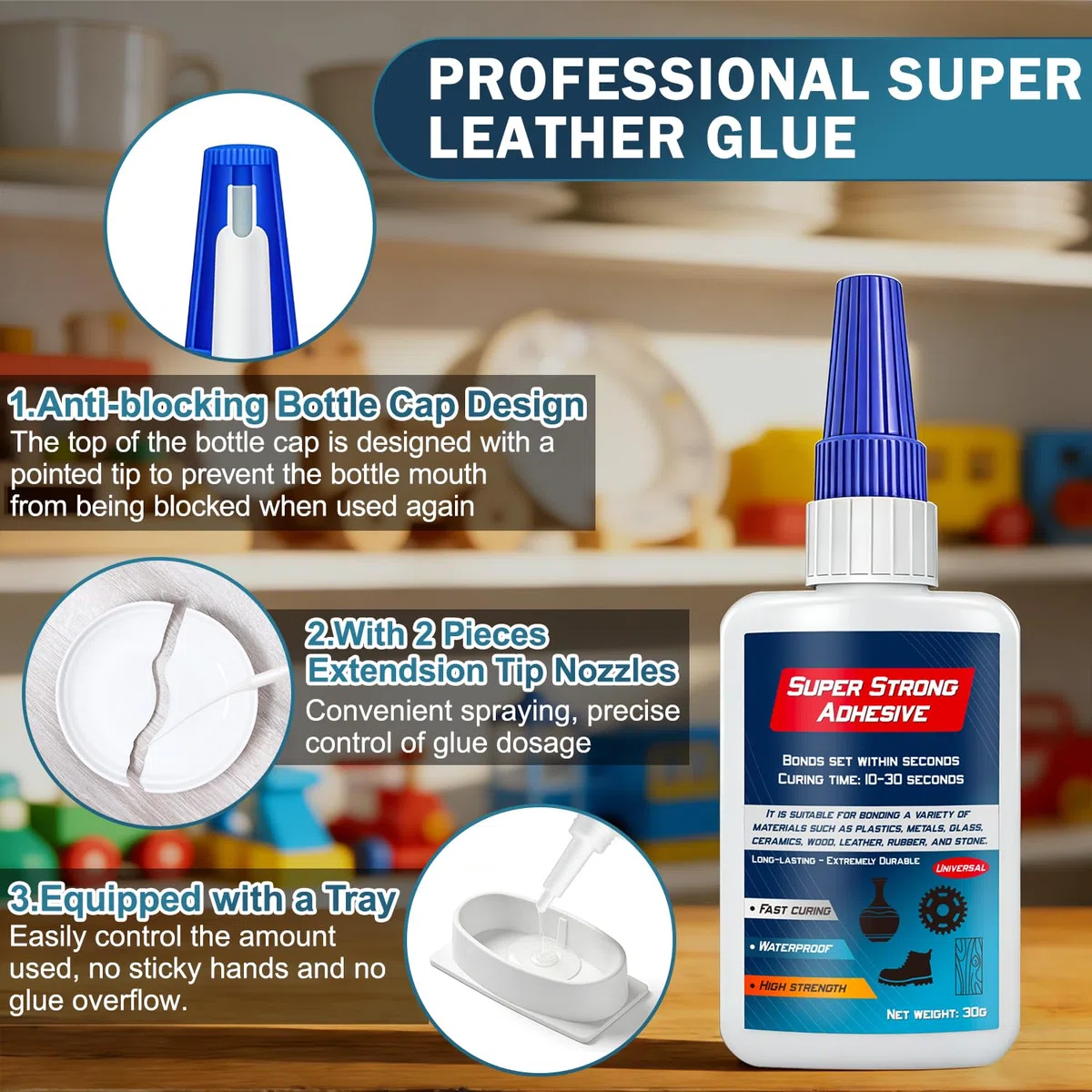 Colla Super - Professionale Super Glue con Testa Antiessiccazione, Trasparente Extra Forte Colla per Plastica, Metallo, Legno, Vetro, 30g