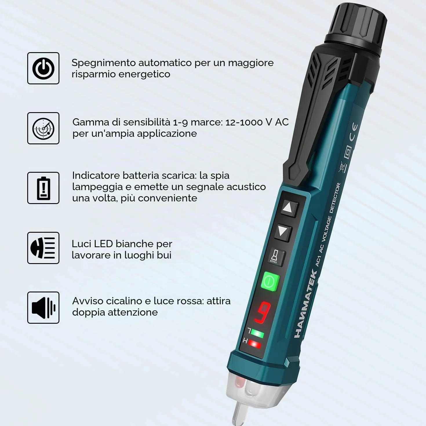 Rilevatore di tensione senza contatto, HANMATEK AC1 Sensibilità Regolabile/Display LCD/LED Torcia elettrica/Doppia portata 12 V/48 V-1000 V