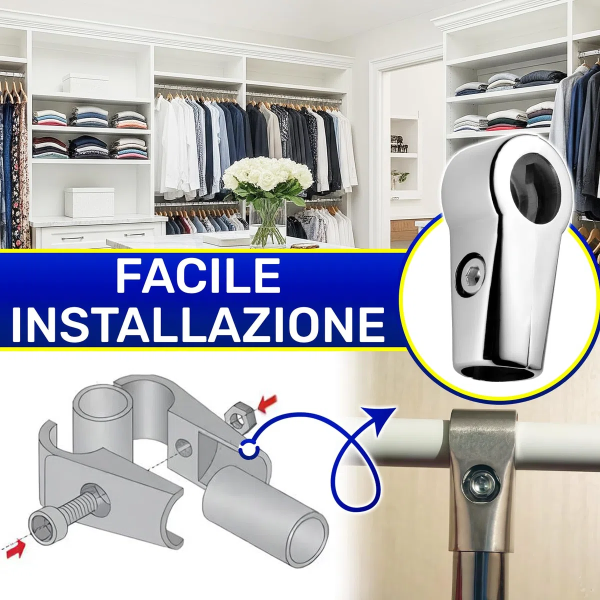 2 Pezzi Porta Tubo a Forma di T Ø25 x 84 mm è Cromato ed è Adatto per Struttura Cabina Armadio Componibile - Garanzia di 10 Anni - MONTERAL