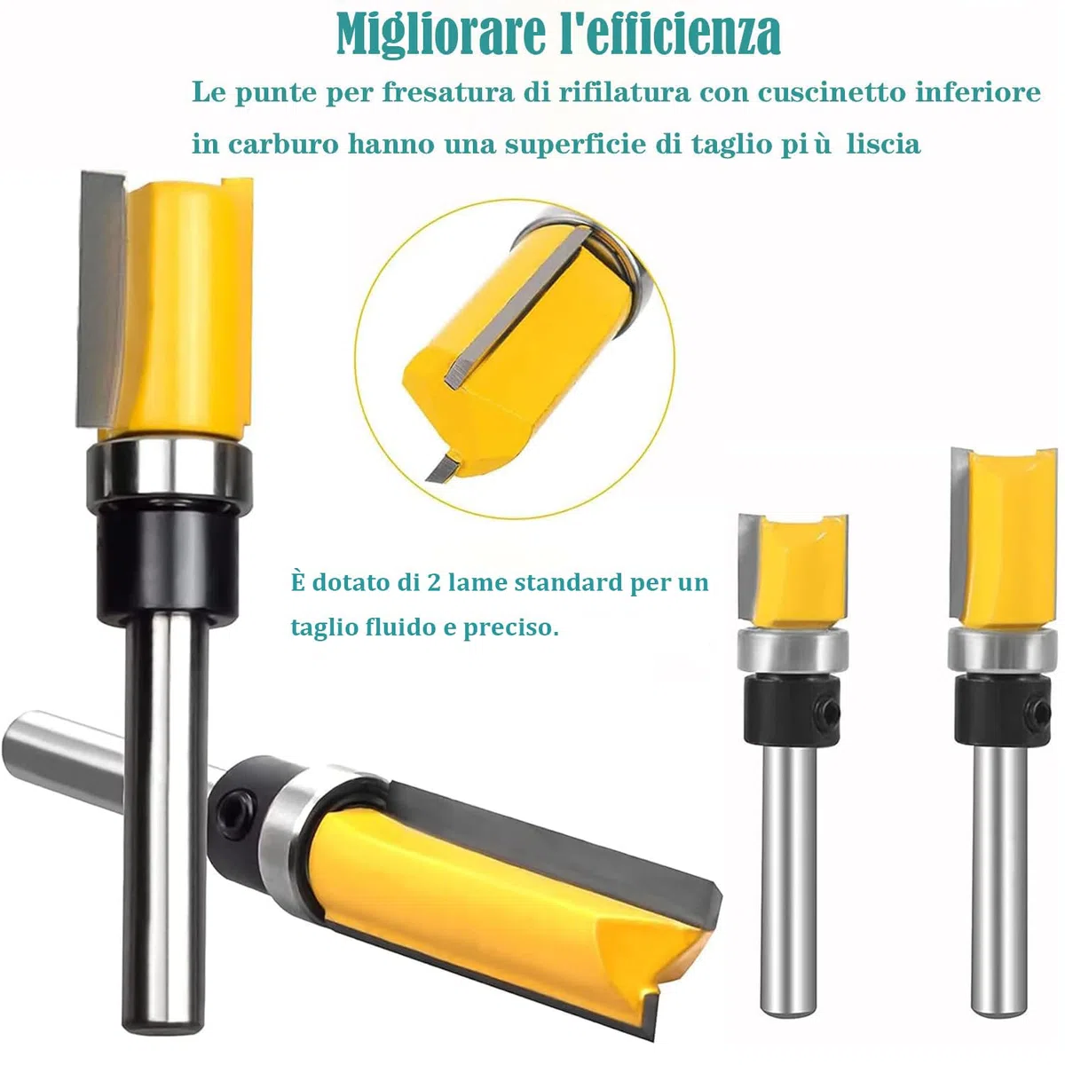 4 Pz Fresa a Taglienti Diritti 1/4" Shank con Cuscinetto Set per Rifilare e Lavorazione del Legno 6.35mm, Fresa per Scanalature e Frese Dritte