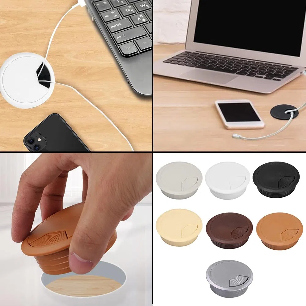 Passacavi da scrivania da 60 mm, confezione da 2 coperture rotonde in plastica, per cavi del piano di lavoro, per scrivania e computer da ufficio (marrone scuro)