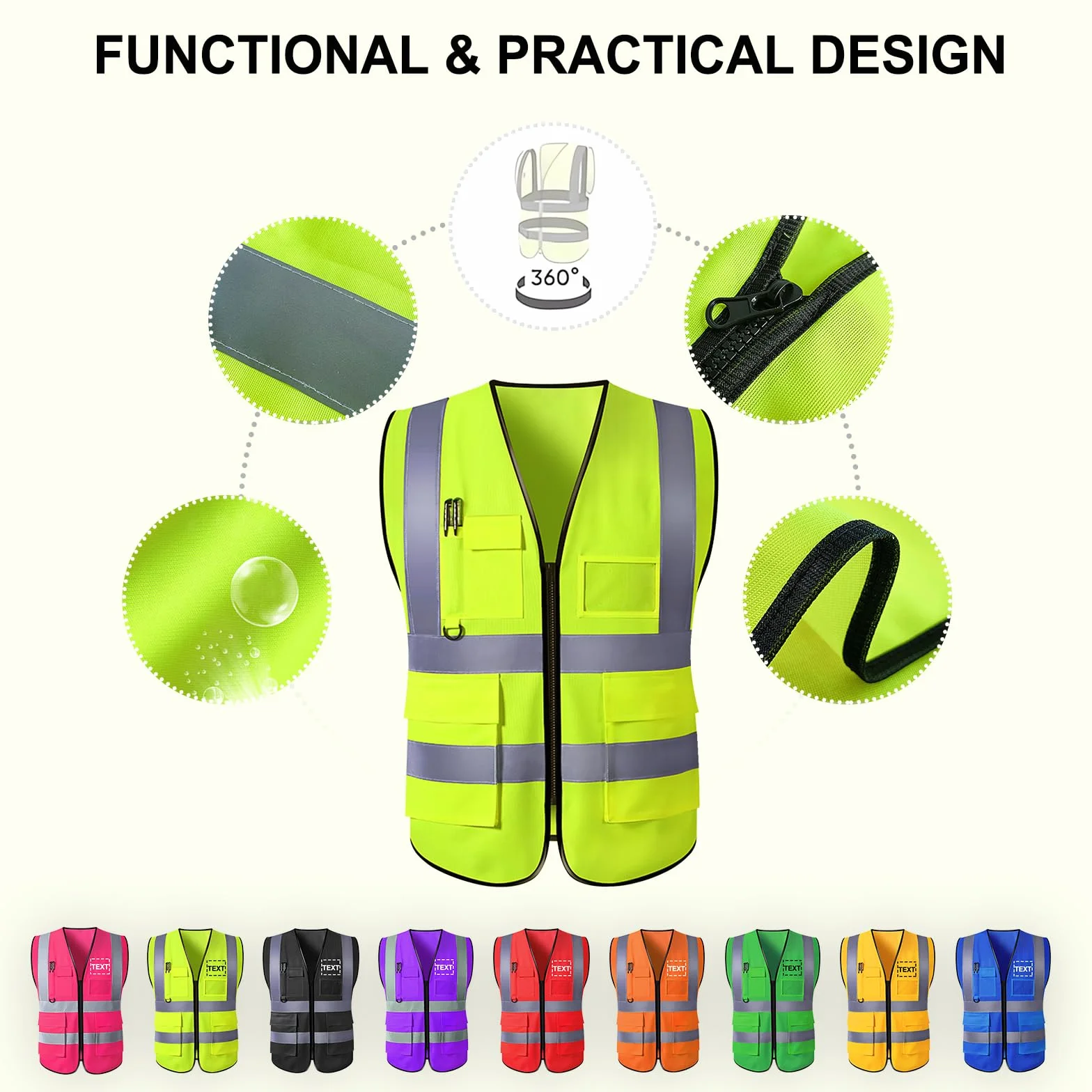 Gilet di sicurezza personalizzato per uomo, abbigliamento da lavoro protettivo riflettente ad alta visibilità con 5 tasche per la costruzione esterna, S ~ 5XL