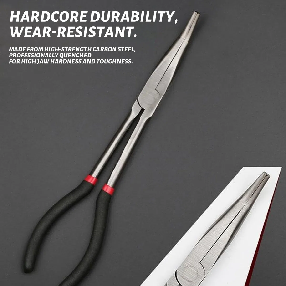 Pinza a Becco Lungo Professionale, Manico Lungo Pinze a Becchi Lunghi Curvo a 25 Gradi in Acciaio al Carbonio per Spazi Stretti, Pesca e Gioielli (280mm Nero)