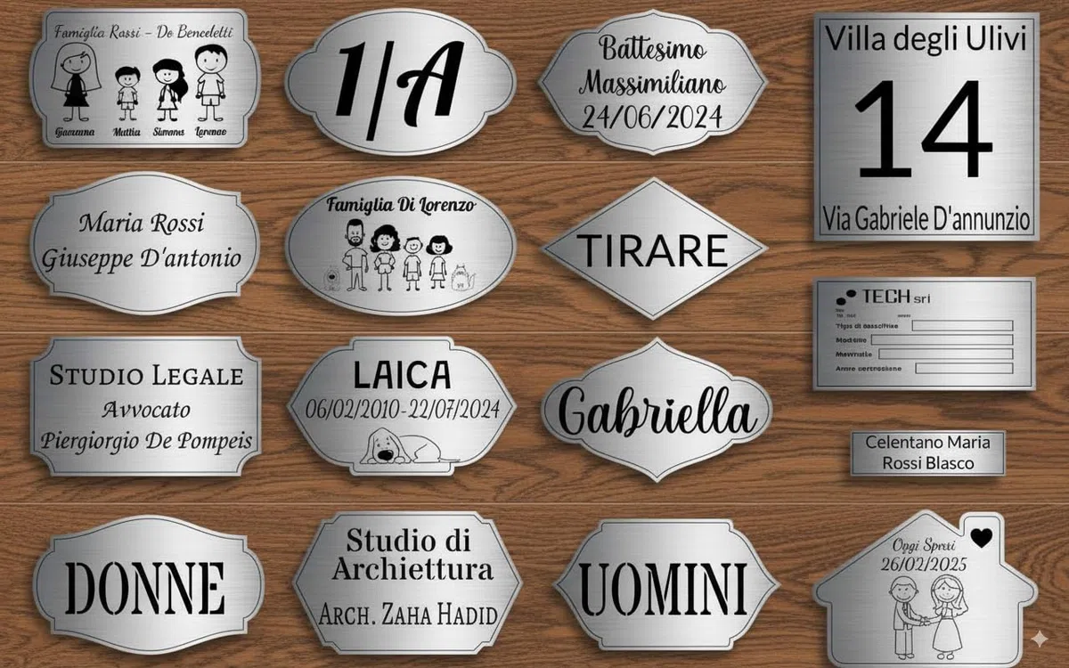 Targa Porta Ingresso Personalizzabile Argento Spazzolato - Nome, Indirizzo, Design a Scelta, Targhetta Fuoriporta Laser Incisa Laminato Plastico