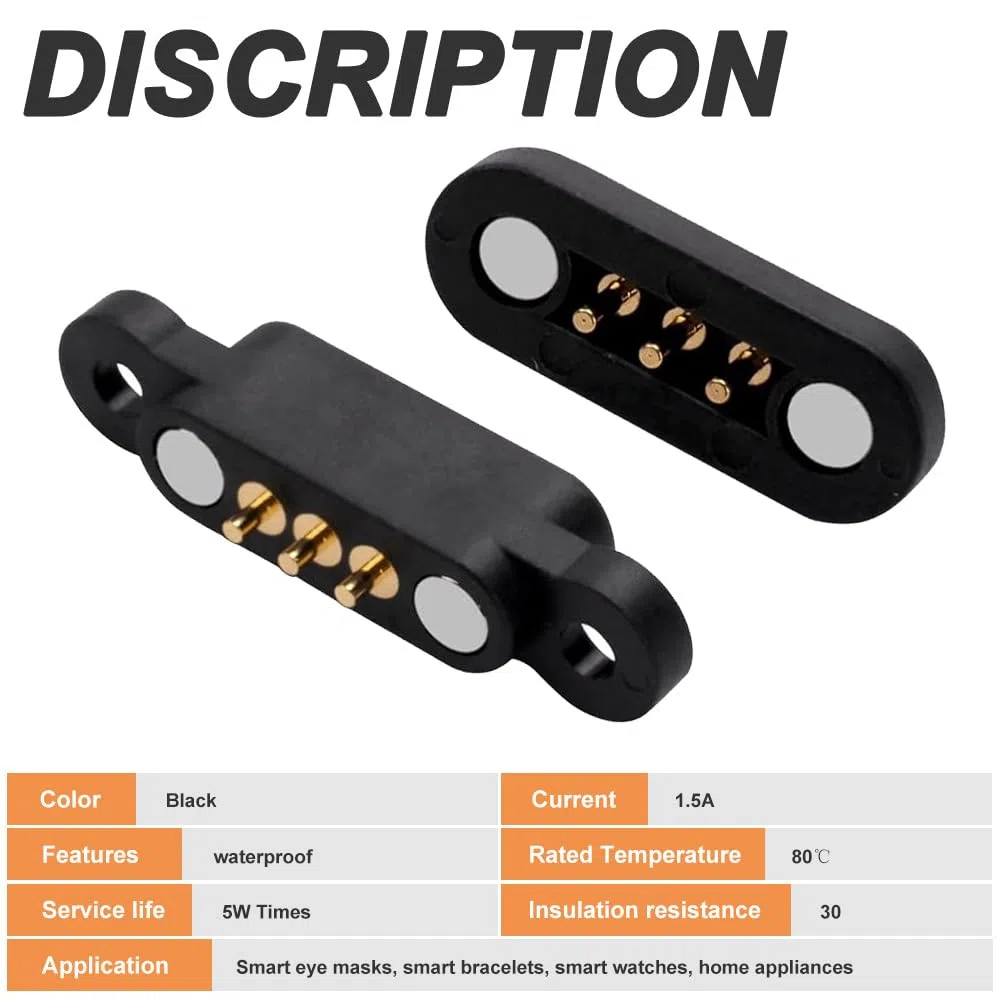 3Pin Magnetic Pogo Pin Connector, 3Pin Male & Female PogoPin Magnetic Connector, 2.54mm Through Holes 3-Pin DC Charging Power Socket (10 Pcs)