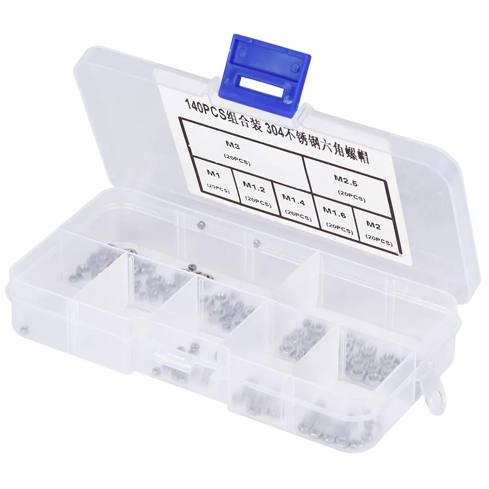 Assortimento Dadi di Bloccaggio, 140 Pezzi M1 M1.2 M1.4 M1.6 M2 M2.5 M3 Kit di Assortimento di Dadi Esagonali in Acciaio Inossidabile con Filettatura per Viti Bulloni di Fissaggio Filettati
