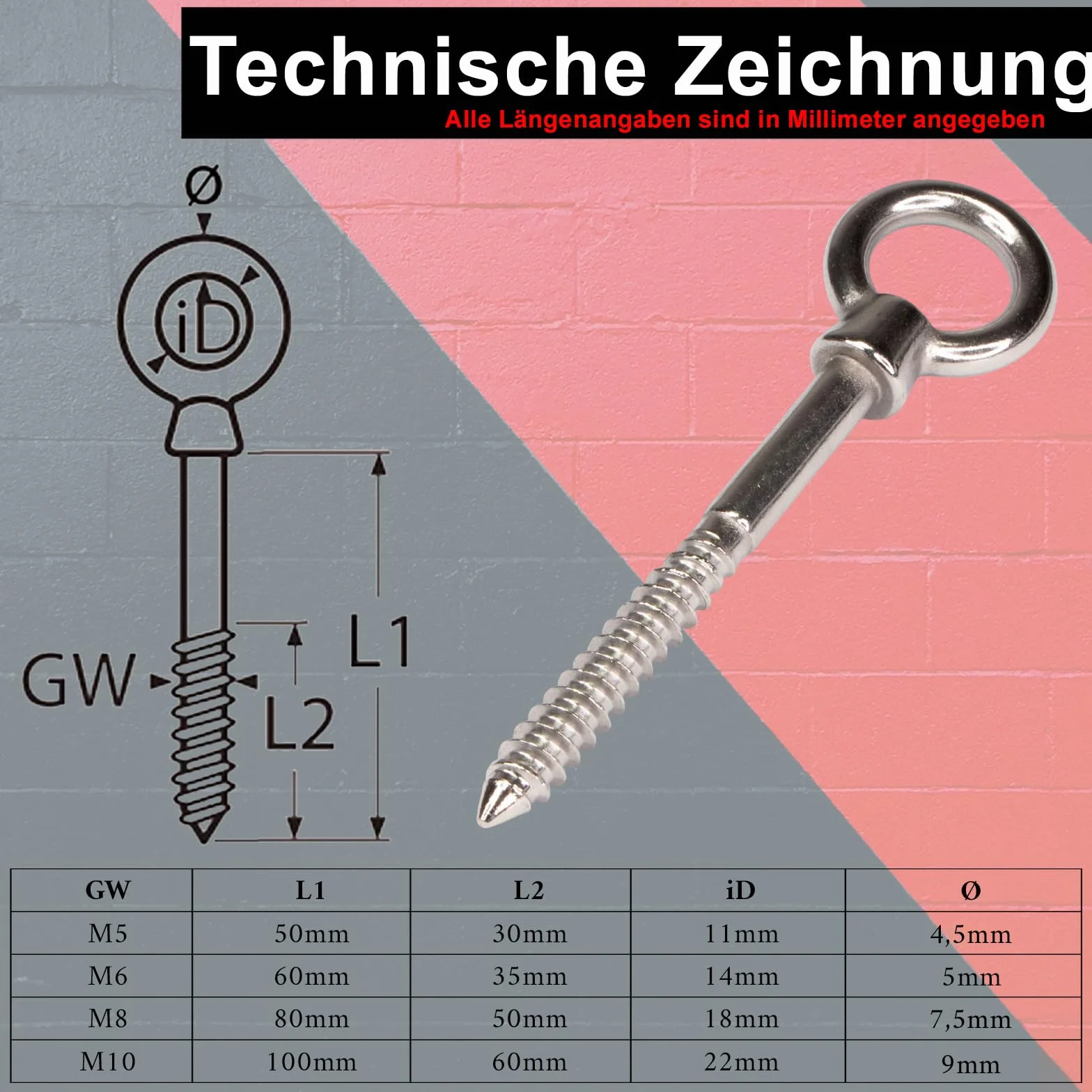 PRIOstahl Bullone oculare con filettatura in legno, vite ad occhiello, dado ad anello, bullone – Dimensioni: 10 x 100 mm, 2 pezzi per il fissaggio per legno, muratura, fune metallica antiruggine in