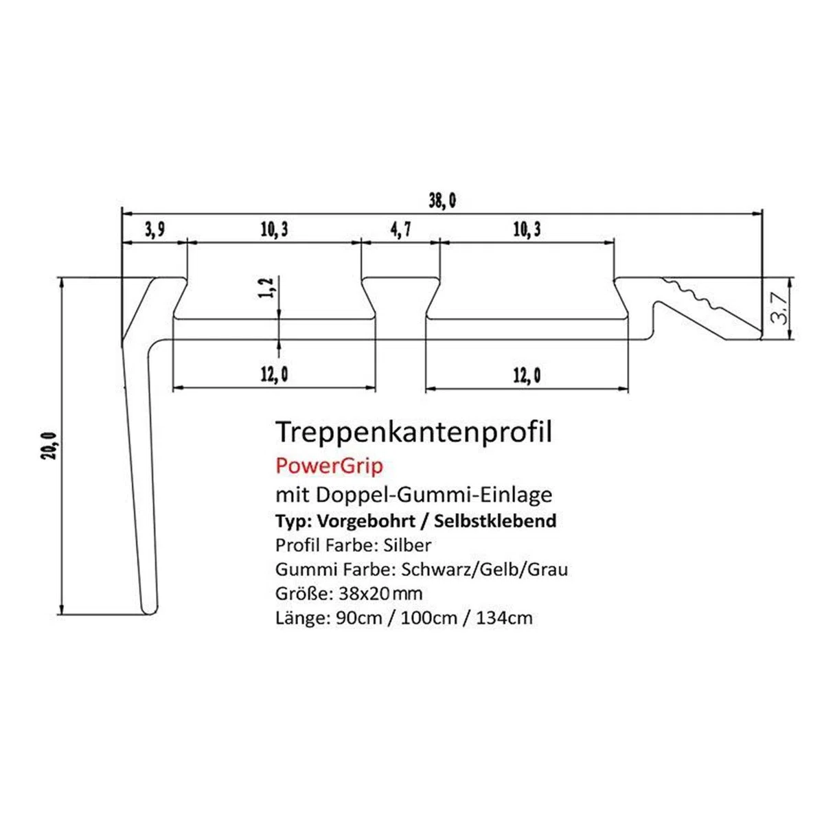 Profilo per gradini Power Grip | Profilo per Scale con Inserto in Gomma Antiscivolo | Preforato o Autoadesivo | Materiale di Montaggio Incluso (134 x 3,8 x 2 cm | Preforato | Grigio)