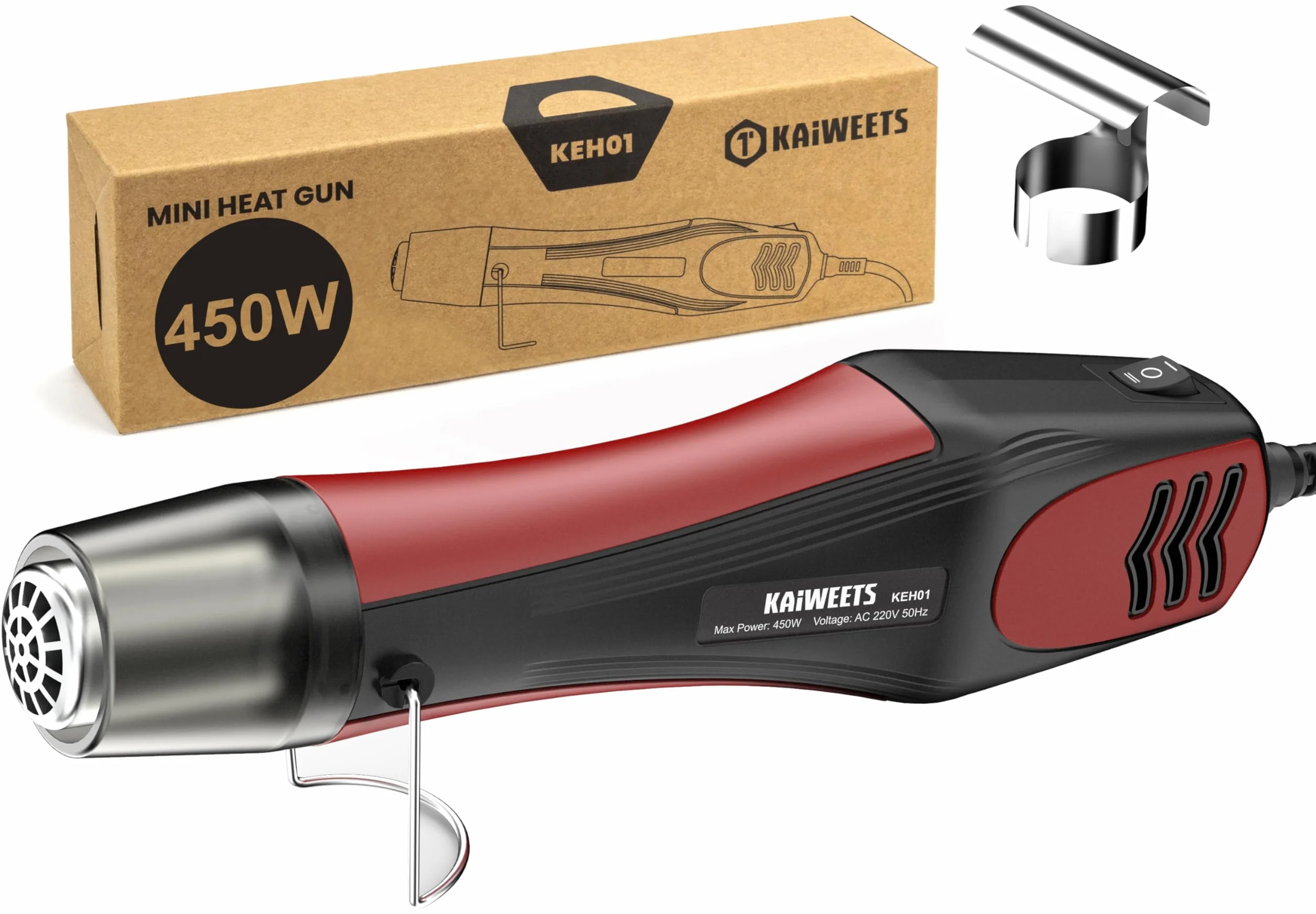 KAIWEETS 450°C Pistola Termica, Con Ugello In Acciaio Inox, 450W Pistola Aria Calda, Con 2 Temperatura, Protezione da Sovraccarico, Per DIY, Film Termoretraibile, Guaina Termorestringente (rosso)