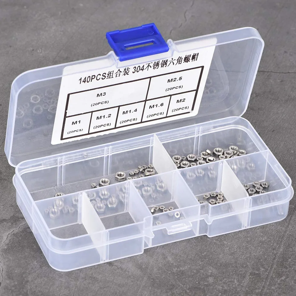 Assortimento Dadi di Bloccaggio, 140 Pezzi M1 M1.2 M1.4 M1.6 M2 M2.5 M3 Kit di Assortimento di Dadi Esagonali in Acciaio Inossidabile con Filettatura per Viti Bulloni di Fissaggio Filettati