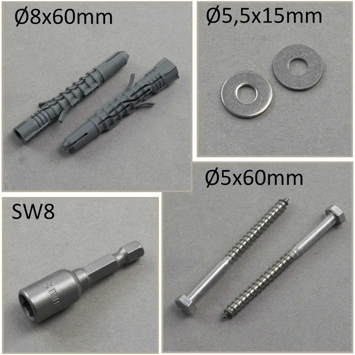 AERZETIX - Kit di 8 tasselli in nylon Ø8x60 mm + 8 viti tirafondo Ø5x60 mm inossidabile A2 + 8 rondelle larghe A2 per vite M5 + 1 bussola esagonale interna 1/4" SW8