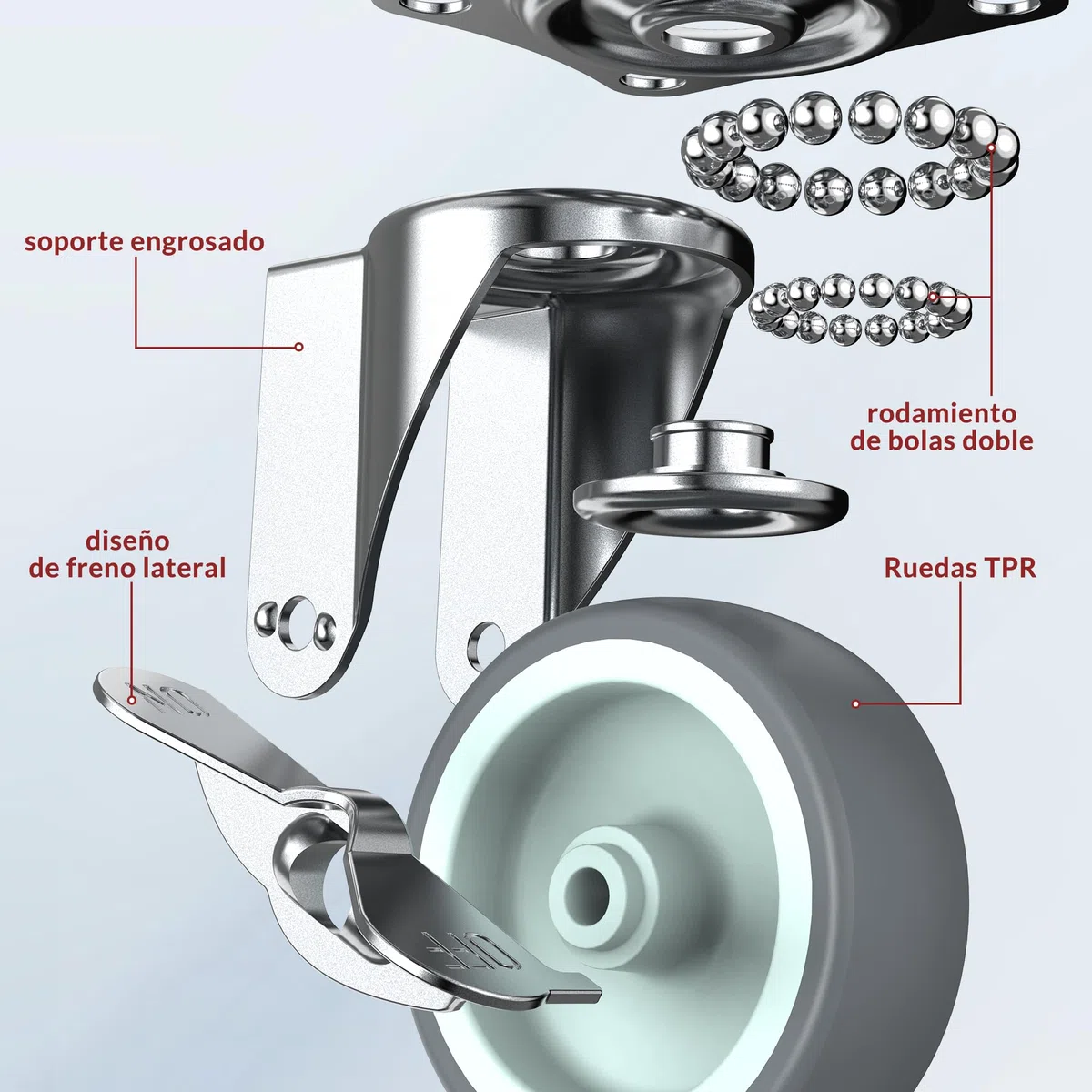 HOLKIE Ruota per mobili da 75 mm con freno laterale, silenziosa e resistente all'usura, utilizzata per mobili, banco da lavoro o altre applicazioni. Capacità di carico massima 227 kg