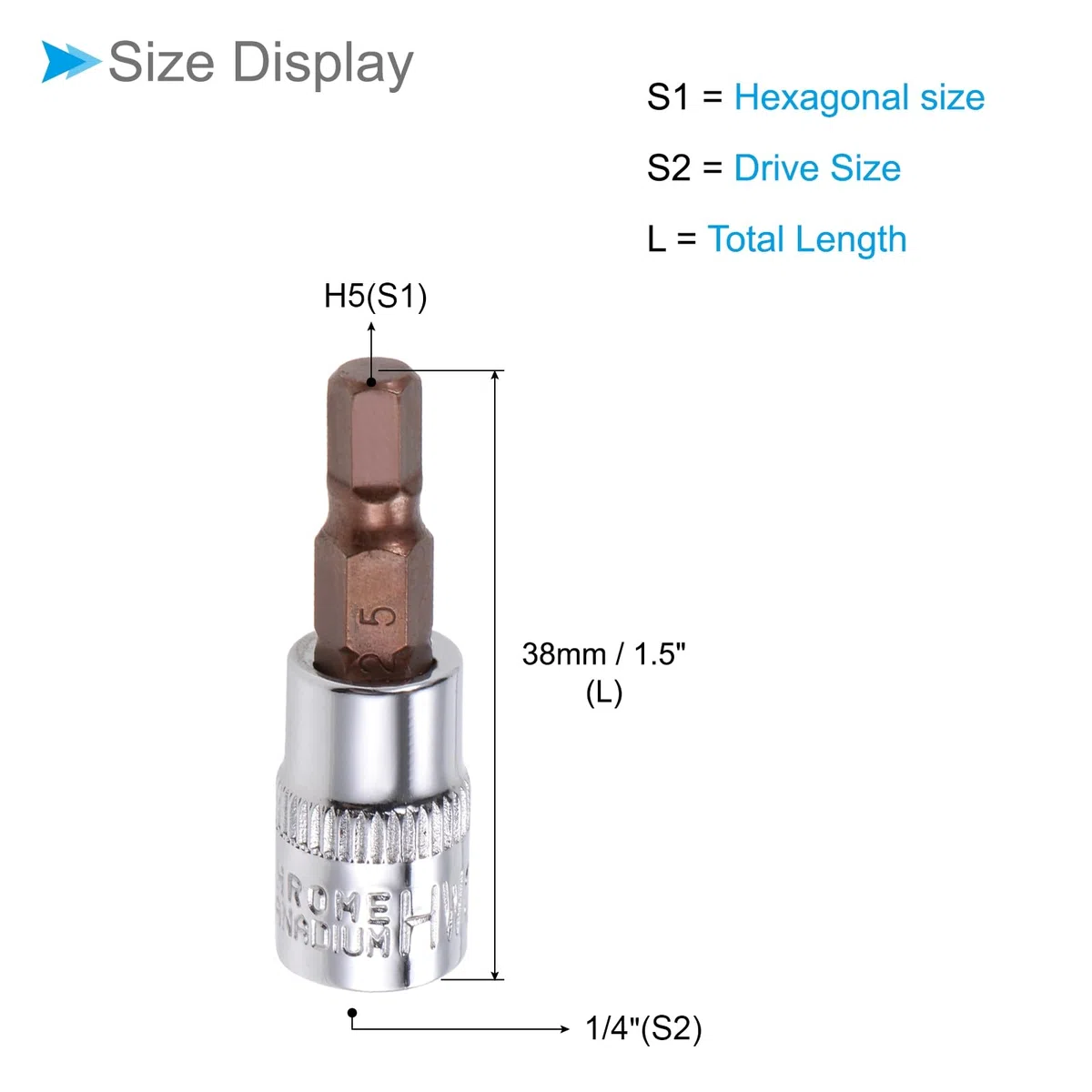 Chiave Esagonale a Bussola, Metrico H5 (5mm) Punta 1/4" Attacco 1,5" Lungo, Acciaio Legato S2 Temprato al Cromo-Vanadio - (Applicazioni: per Applicazioni Fissaggio) 2pz