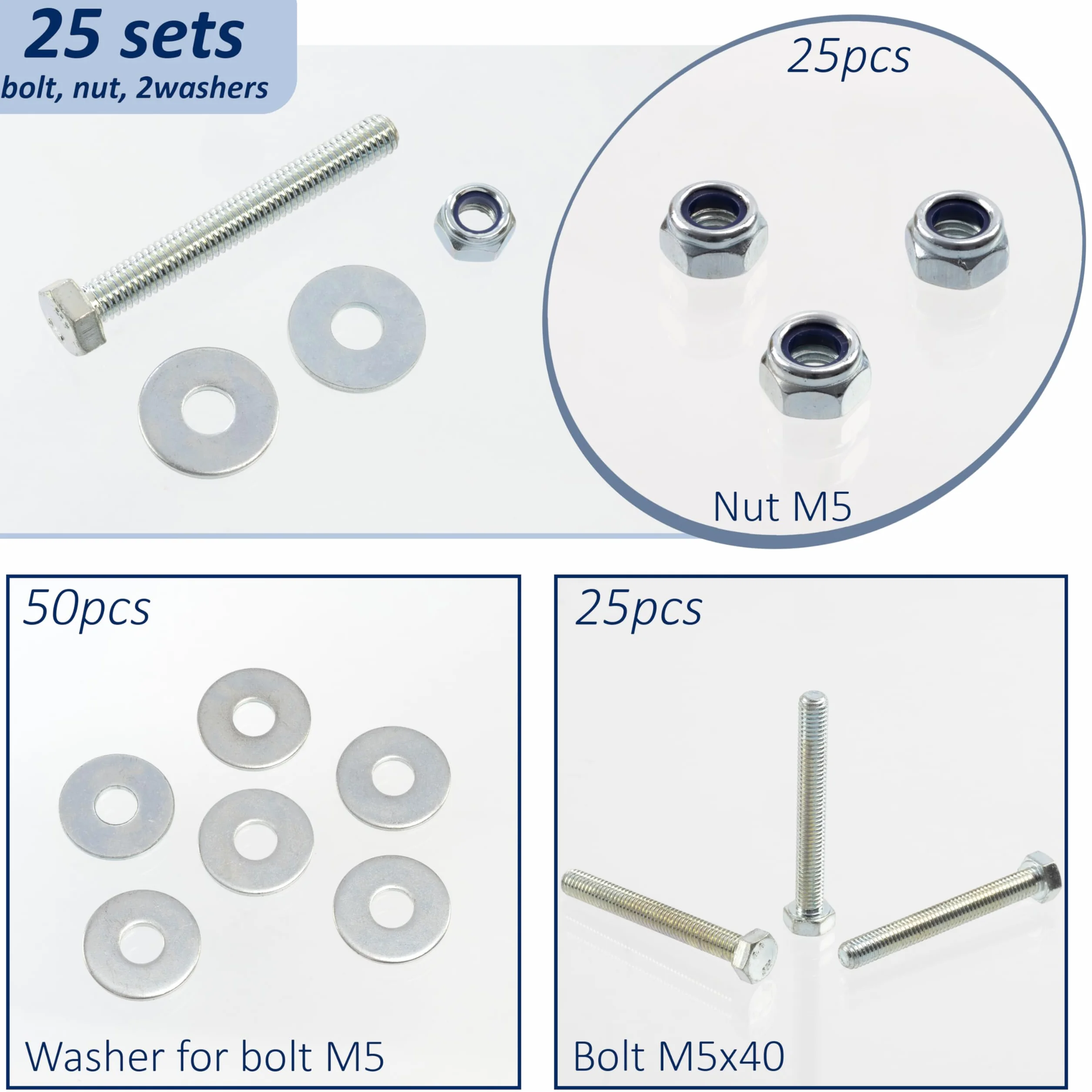 AERZETIX Set di 25 bulloni a testa esagonale M5x40 mm + 50 rondelle larghe + 25 dadi esagonali autobloccanti M5 in acciaio