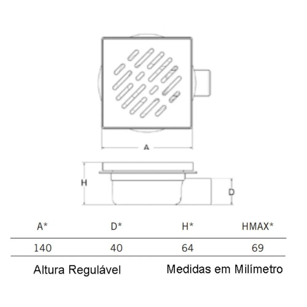 CHIUSINO SIFONATO Regolabile con GRIGLIA in ABS plastica 14X14 Scarico Laterale per Doccia
