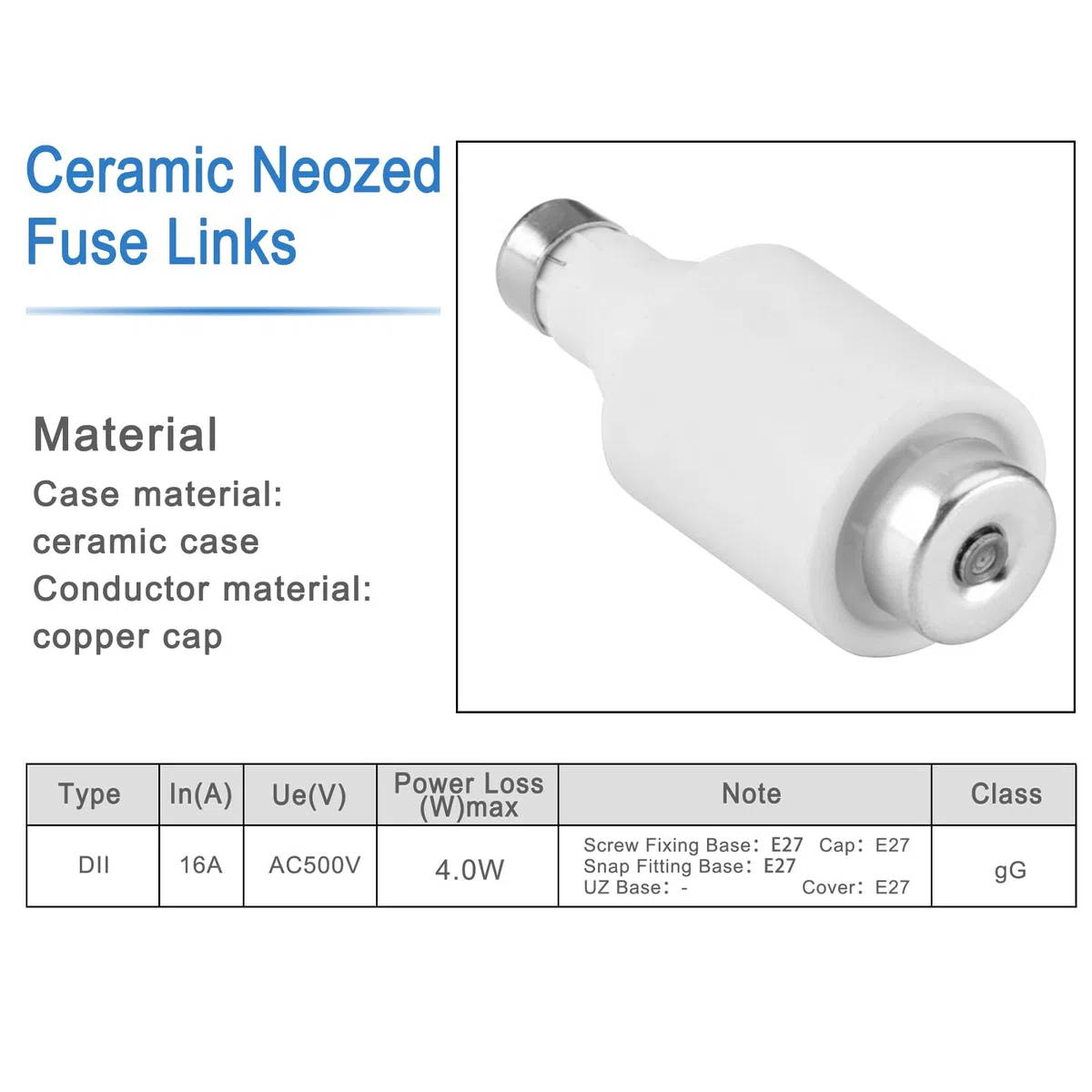 Heschen Collegamenti di fusibile neozed in ceramica, Link fusibile tipo DII, 16A 500VAC, tipo gG, per la protezione di cavi e linee, confezione da 5