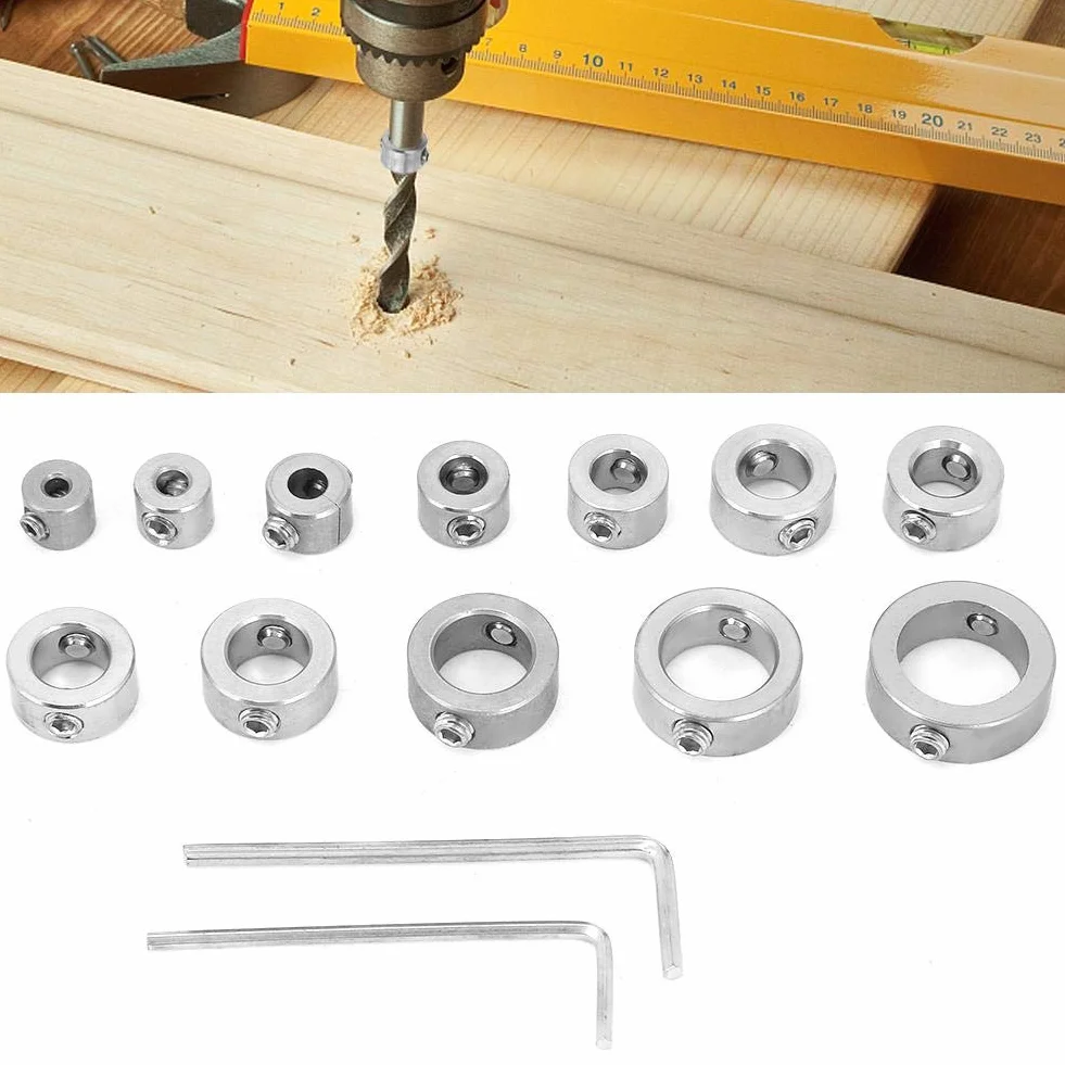 Drill Stop Set, 12 pezzi 3-16 mm Trapano in acciaio inossidabile Bit di arresto della profondità Anello limite di perforazione con chiave esagonale per stringere il set di arresti