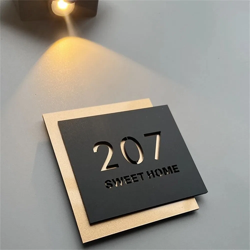 Targhette personalizzate acrilico 3D nero oro Numero civico Segno con nome strada fonte moderna Segno di indirizzo negozio