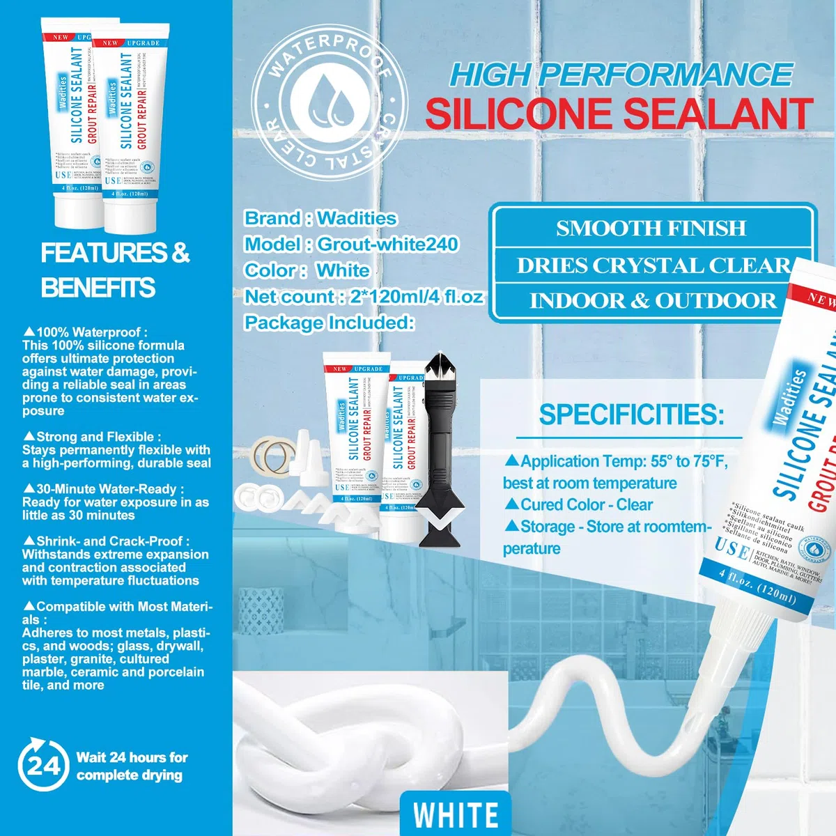 8Oz Bianco Impermeabile Sigillante Silicone Caulk, Wadities Kit per la riparazione delle fughe delle piastrelle con raschietto di rimozione, per bagno, doccia, cucina, pavimento (4Oz, Confezione da 2)