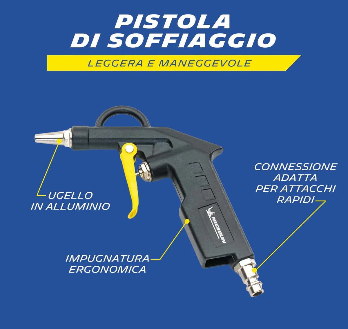 MICHELIN – Pistola Soffiaggio in Alluminio, con Ugello da 25mm x D.2 mm, Pressione Max. 8 BAR