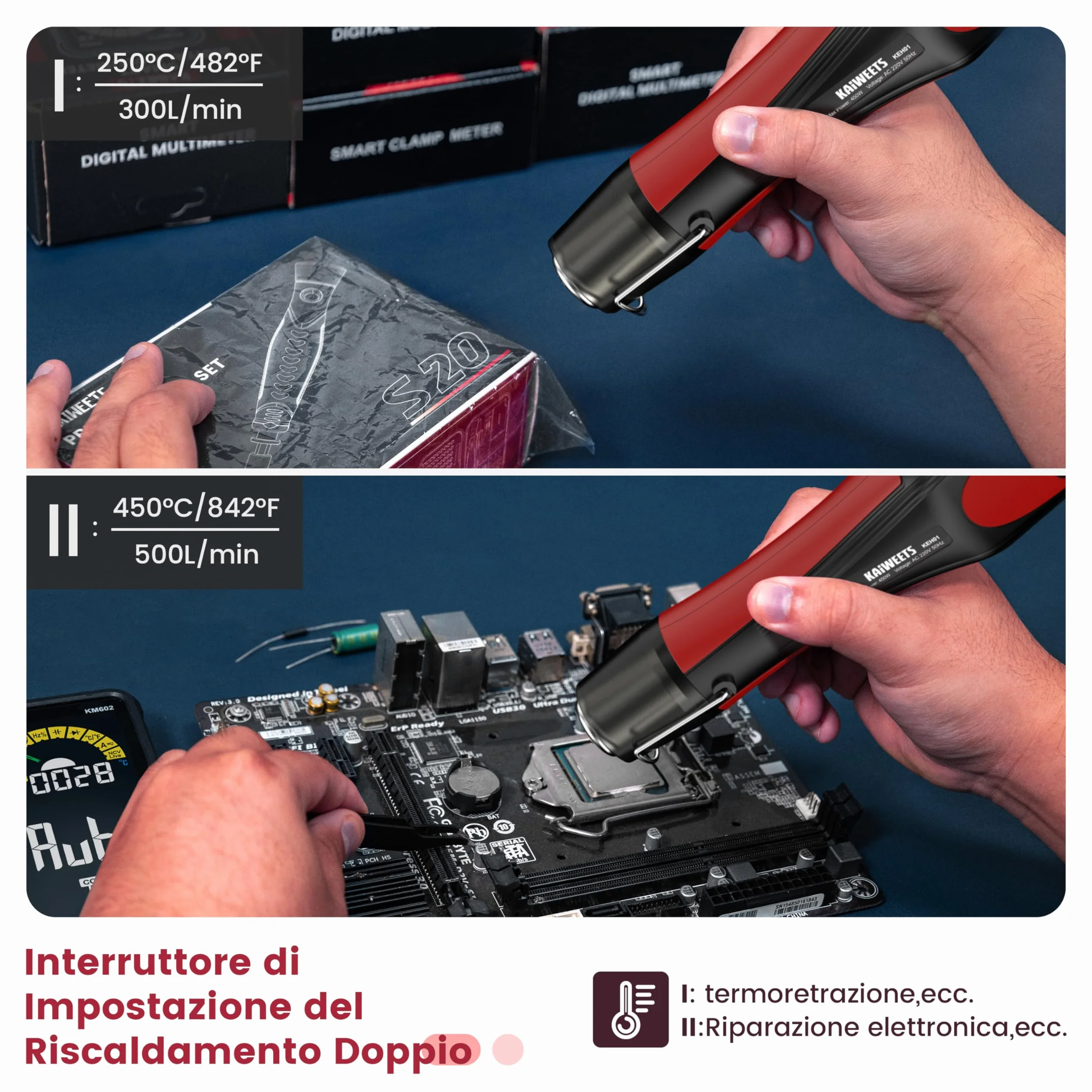 KAIWEETS 450°C Pistola Termica, Con Ugello In Acciaio Inox, 450W Pistola Aria Calda, Con 2 Temperatura, Protezione da Sovraccarico, Per DIY, Film Termoretraibile, Guaina Termorestringente (rosso)