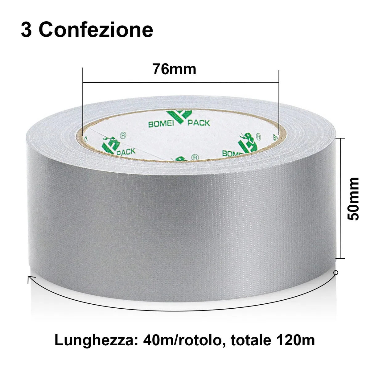 BOMEI PACK Nastro Adesivo Extra Forte, Nastro Telato Nero, Duct Tape 3 Rotoli 50 mm x 40 m per Lavori di Riparazione, Fissaggio, Sigillatura, Etichettatura e Ristrutturazione (GRIGIO)