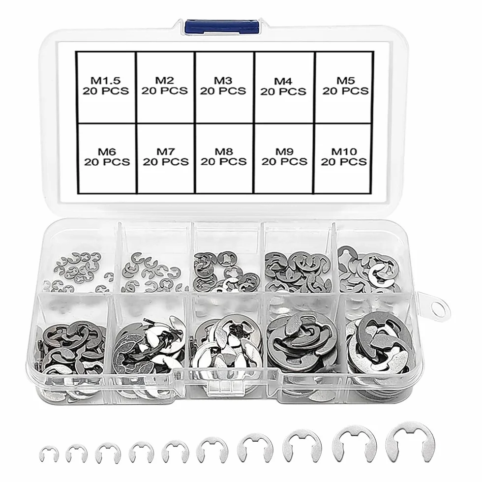VooGenzek 200 Pezzi Rondelle di Sicurezza per Alberi Set, Kit Anello di Sicurezza con Apertura a Scatto, Anello di Fissaggio a Clip in Acciaio Inox, 10 Taglie M1.5/2/3/4/5/6/7/8/9/10 con Scatola