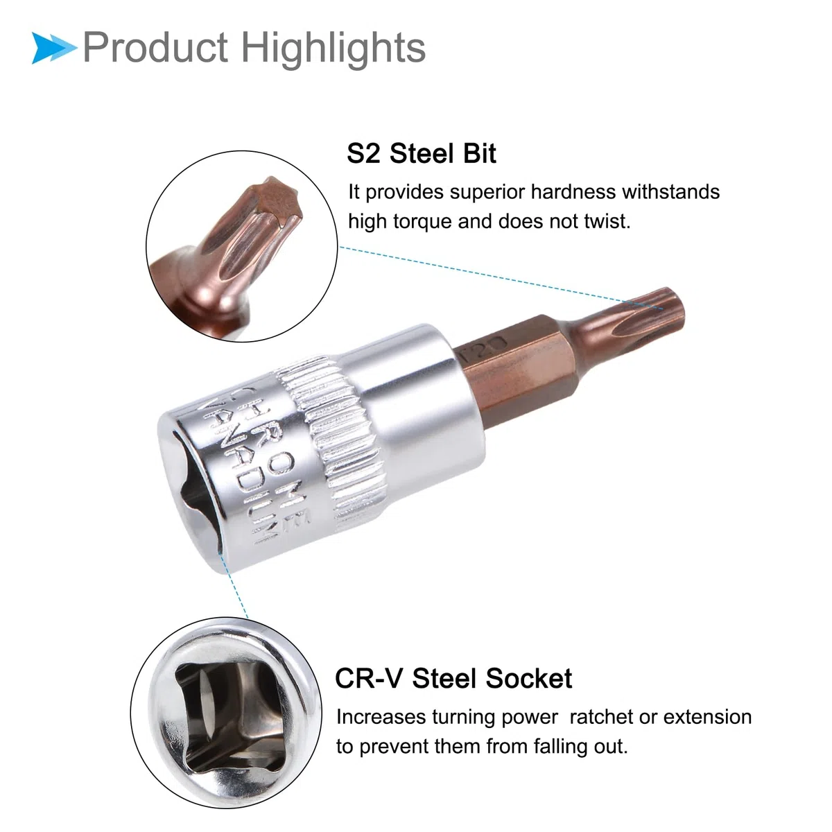 Chiave a Bussola Torx, Metrico T20 Punta 3/8" Attacco 1,5" Lungo, Acciaio Legato S2 Temprato al Cromo-Vanadio - (Applicazioni: per Applicazioni Fissaggio)