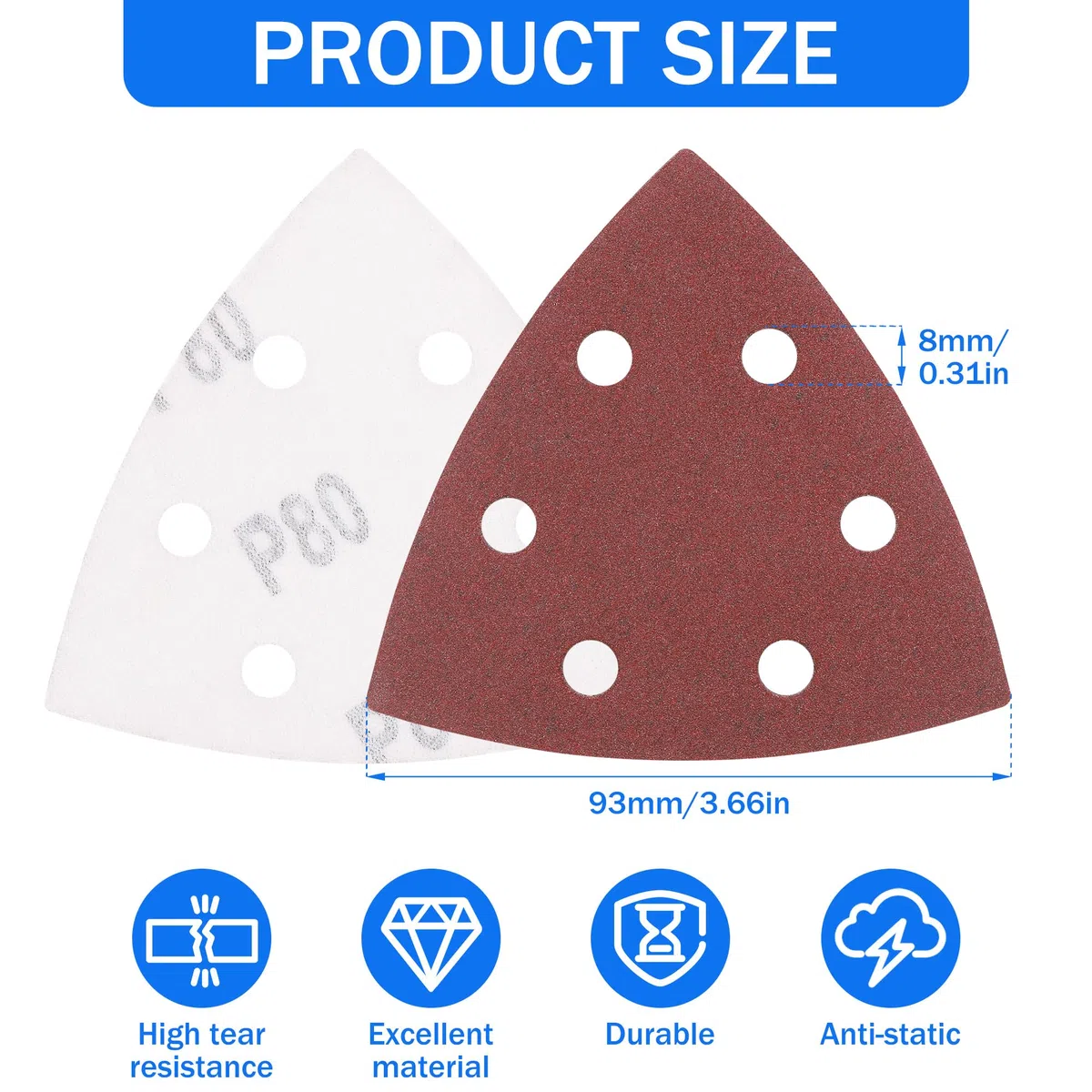 100 Pezzi Carta Vetrata per Levigatrice, Triangoli Abrasivi Delta, Carta Abrasiva con Velcro, 6 Fori, Grana 40/80/120/180/240 Platorelli Abrasivi Triangolari 93 x 93 x 93 mm per Levigatrici Mouse