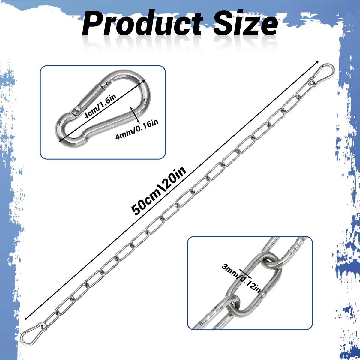Catena a maglie in acciaio inox, 50 cm, con moschettone, catena in metallo per recinzioni esterne, gabbie per uccelli, porte esterne