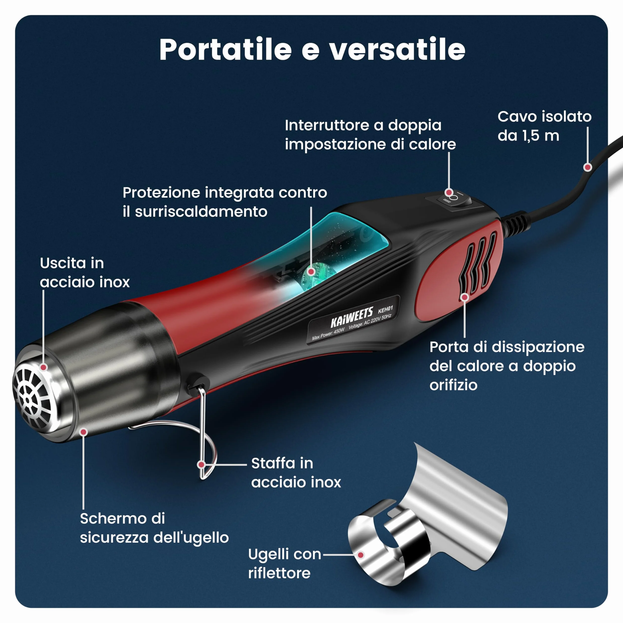 KAIWEETS 450°C Pistola Termica, Con Ugello In Acciaio Inox, 450W Pistola Aria Calda, Con 2 Temperatura, Protezione da Sovraccarico, Per DIY, Film Termoretraibile, Guaina Termorestringente (rosso)