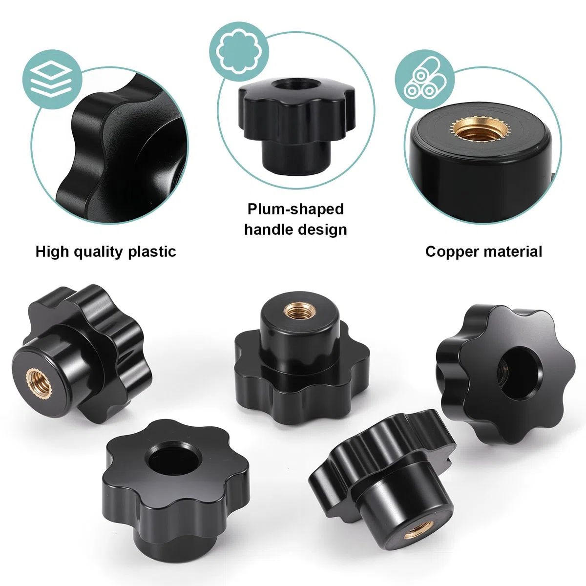 HSEAMALL 10 Pezzi Dado a Stella M6 Ad Alette - Manopola di Serraggio Con Filettatura Interna in Plastica, Foro Passante - Per Macchina Utensile, Nero