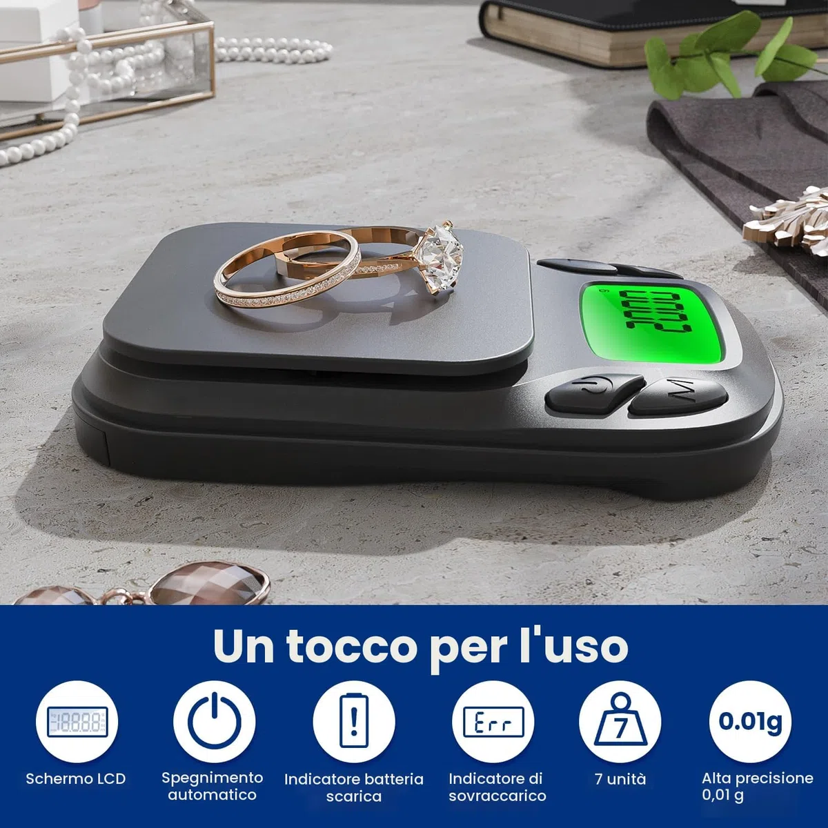 1000 g/0,01 g bilancia di precisione per monete e oro, bilancia digitale multifunzione mini con calibrazione e funzione di tara, 7 unità di misura, bilancia per grammi, bilancia per oro