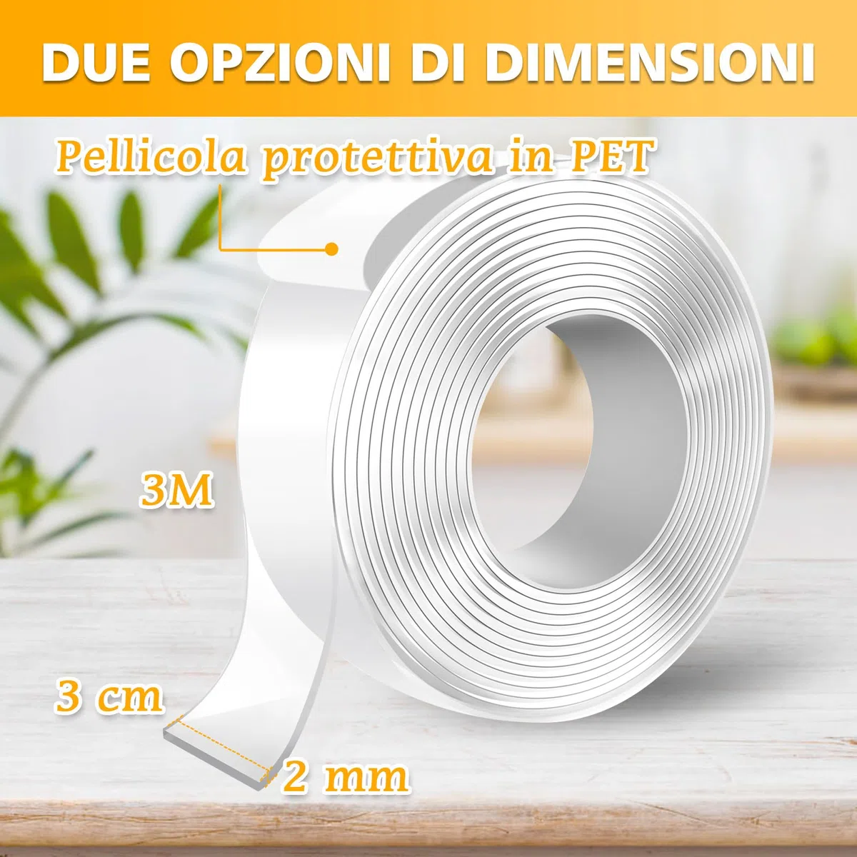 Nastro Biadesivo Extra Forte, Multifunzione Adesivo non Lascia Tracce Riutilizzabile e Lavabile, Per Foto Tappeti e Oggetti (3 metri x 3cm x 2mm)