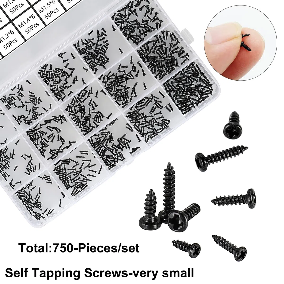 750 pezzi piccole viti a croce a testa tonda, mini viti autofilettanti 15 tipi M1 M1.2 M1.4 M1.5 M1.7 nero - micro viti di riparazione elettronica, per telefoni occhiali da polso.
