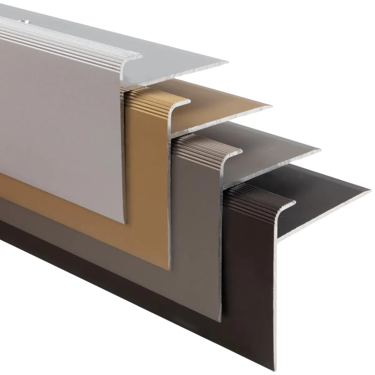 Profilo per bordi per gradini di sicurezza, forma a F, profilo paragradino per scale, per pavimenti con altezza di 7-8 mm, con Materiale di montaggio. Lunghezza: 90 cm. Altezza: 53 mm, Argento