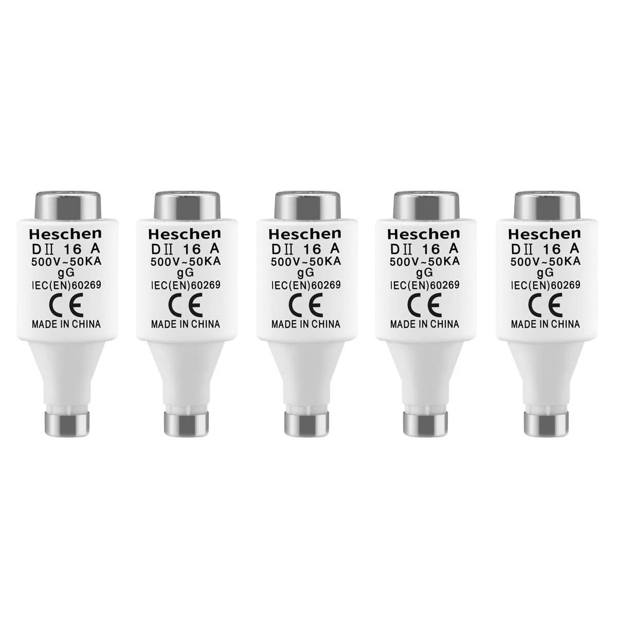 Heschen Collegamenti di fusibile neozed in ceramica, Link fusibile tipo DII, 16A 500VAC, tipo gG, per la protezione di cavi e linee, confezione da 5