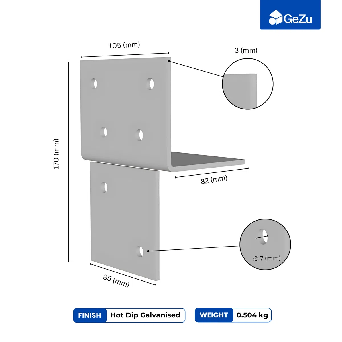 GeZu Impex Connettore a T Legno 91x91mm Zincato a Caldo Staffa di Connessione a T per Muro e Palo per Strutture in Legno